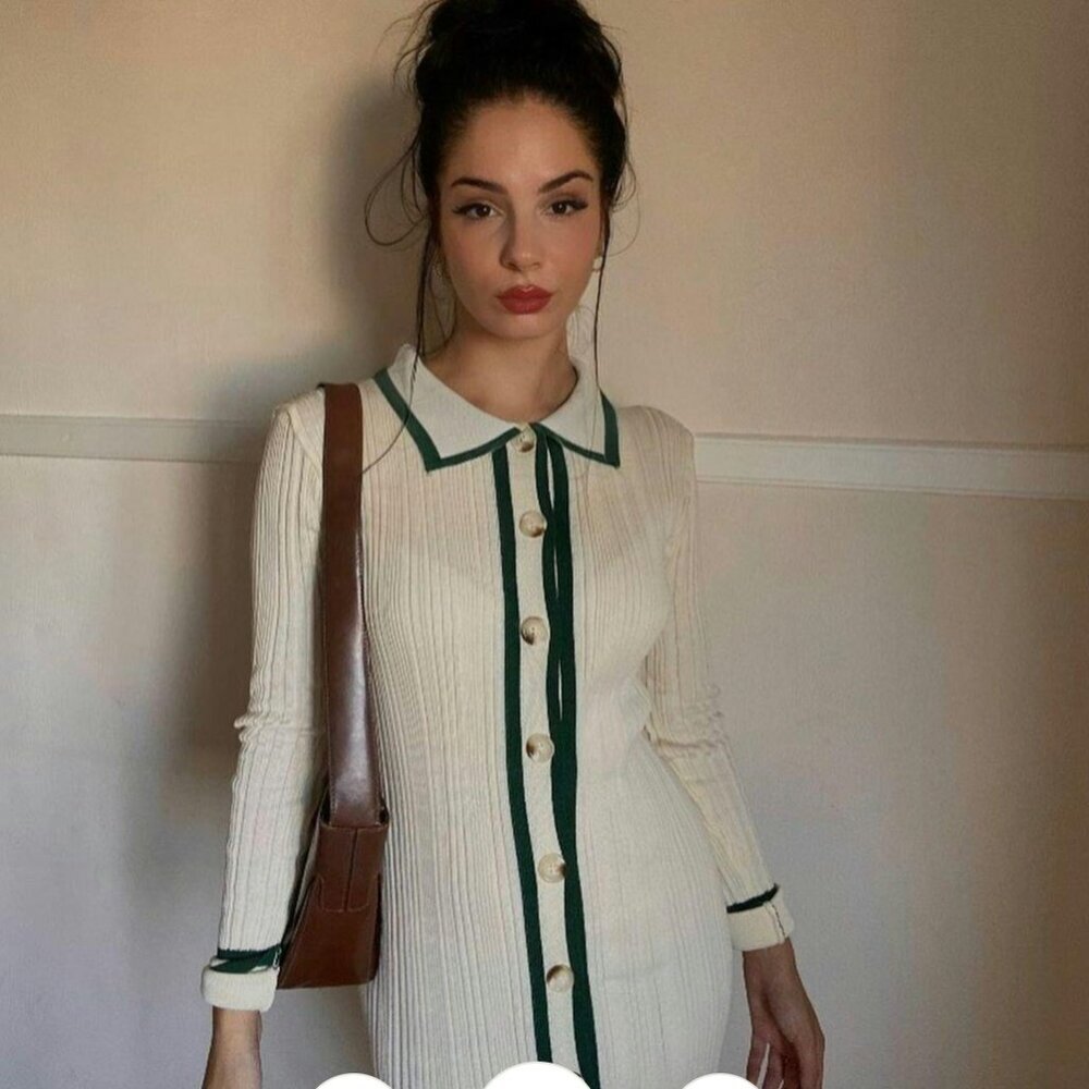 MICAS Cream Long Sleeve Contrast Trim Button Down Knitted Dress Size Large